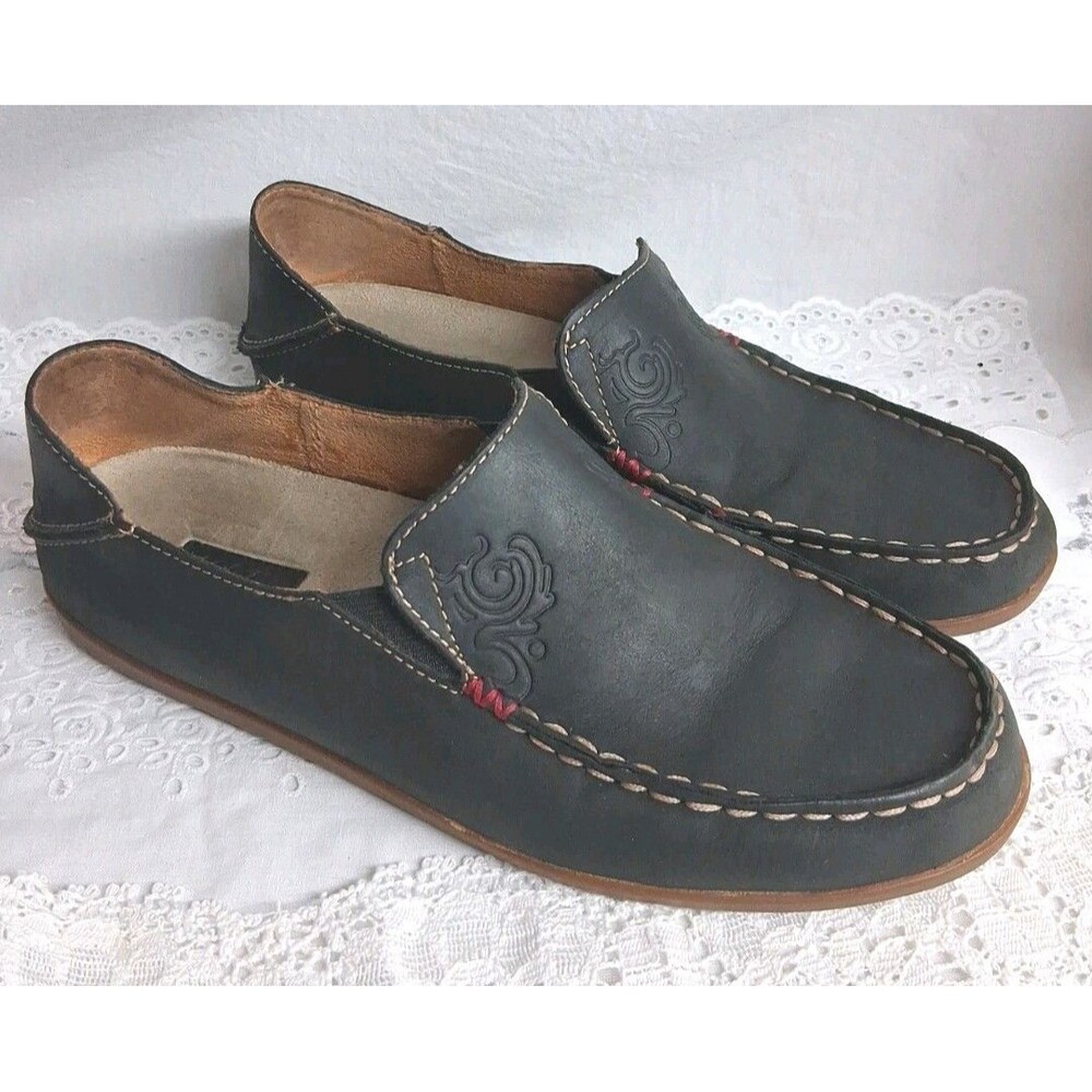 Olakai Nohea Nubuck Women 7W Black Leather Comfort Loafers Casual Work Money